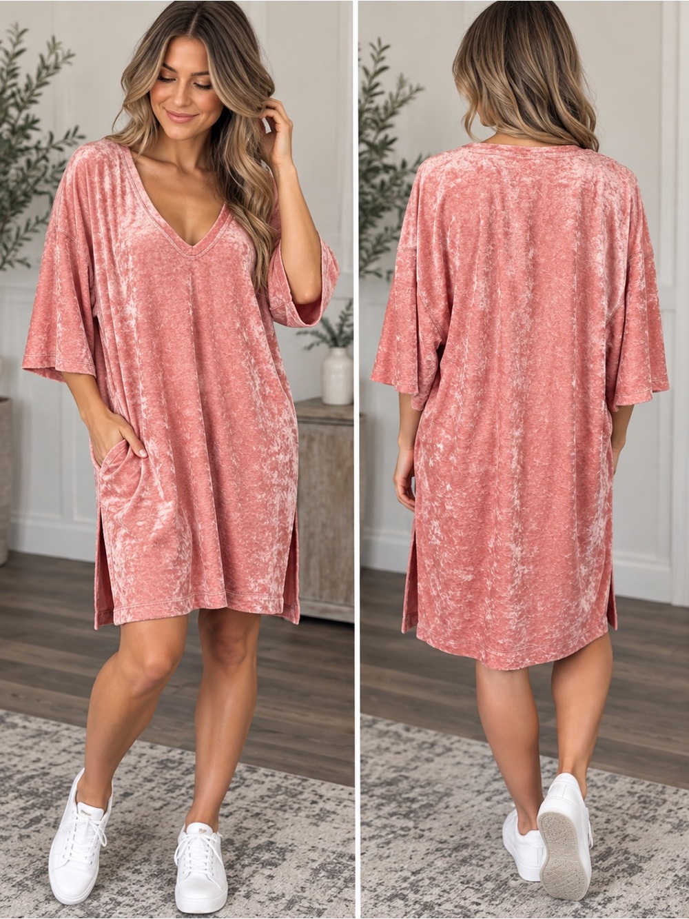 Free People Luxe Blush Pink Crushed Velvet Tunic Blouse Dress Size Small